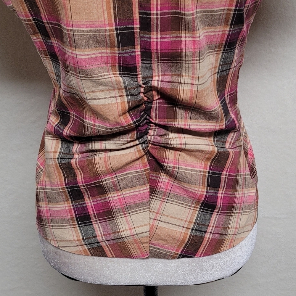 Rare Vintage 90s Rue21 Madras Plaid Stretchy Puff Sleeve Cropped Blazer Jacket - Picture 11 of 14